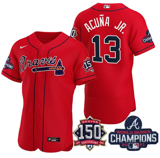 Men's Atlanta Braves #13 Ronald Acuña Jr. 2021 Red World Series Champions With 150th Anniversary Flex Base Stitched Jersey